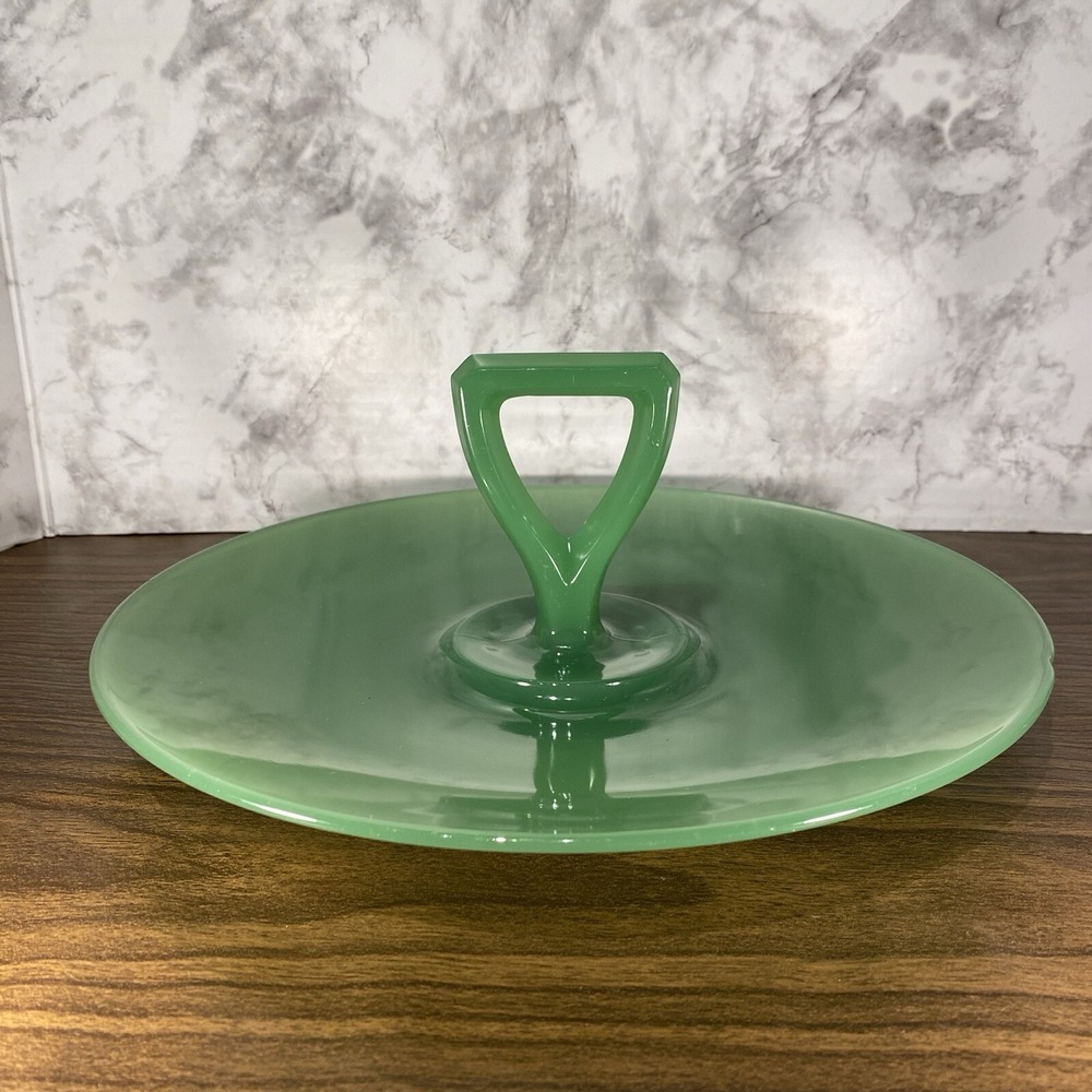 VTG Northwood Jadeite Glass Tidbit Tray Sandwich Tray Handle Art Deco